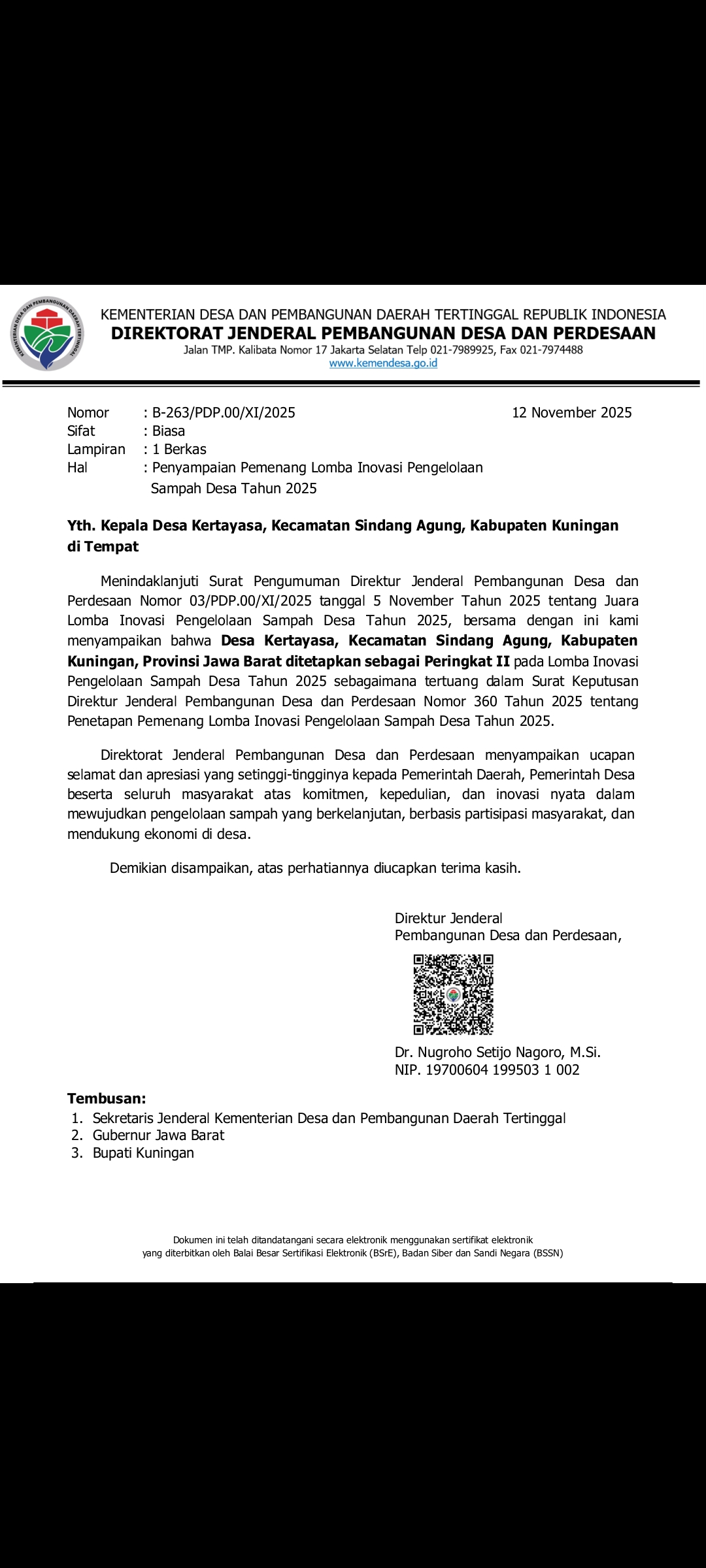 Desa Kertayasa Raih Juara II Nasional Lomba Inovasi Pengelolaan Sampah Desa 2025